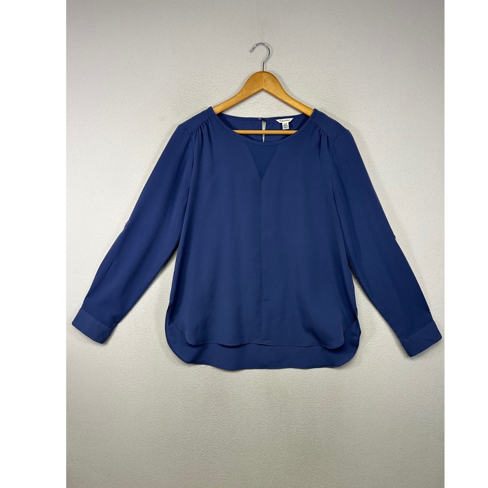 Officecore Calvin Klein Womens Large Navy Blue Roll-Tab Sleeve High-Low Blouse